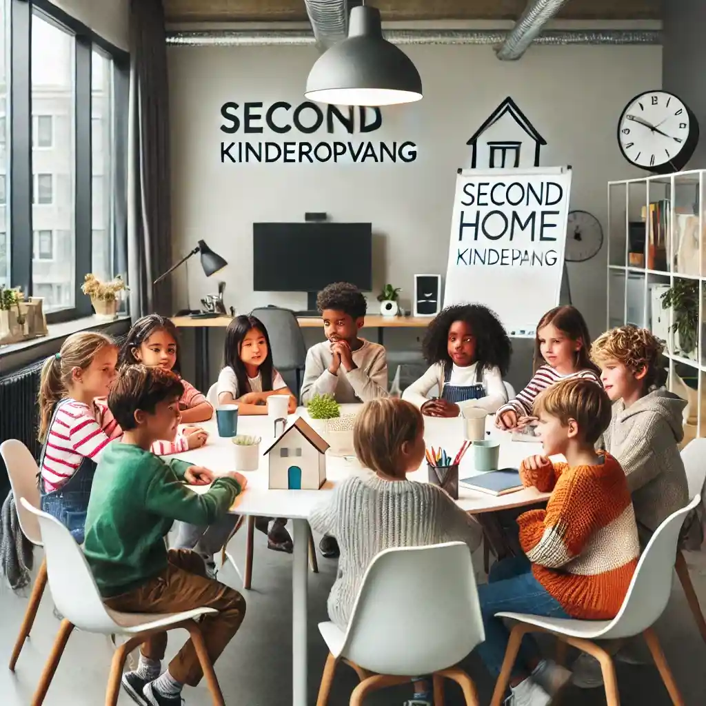 DALL·E 2025 03 07 21.58.01 A Group Of Children From Diverse Ethnic Backgrounds Are Gathered Around A Round Table, Engaged In A Meeting At Second Home Kinderopvang. The Setting I